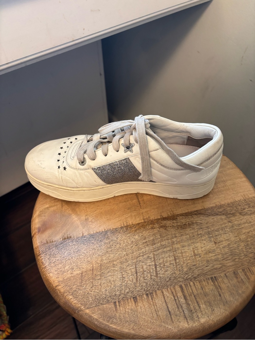 Jimmy Choo Hawaii sneakers white leather  silver glitter star Designer 40 $600 - Picture 5 of 11